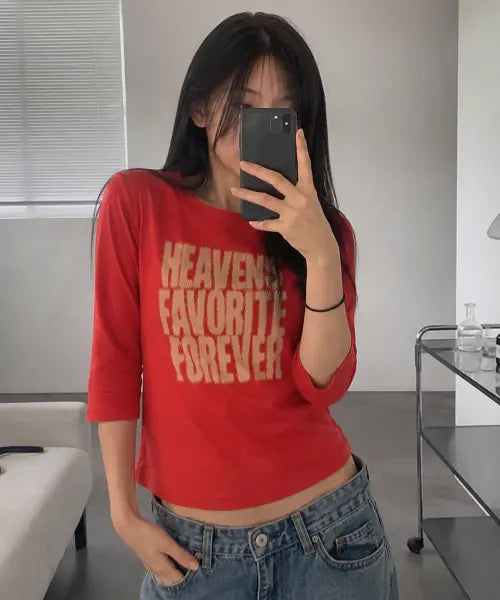 [DAMISH] Halftone Lettering 3/4 T-Shirt_Red / 하프톤 레터링 7부 티셔츠_레드