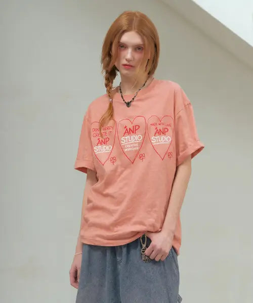 [NP STUDIO] Made Whit Love Over Fit T-shirt / 메이드 윗 러브 오버핏 반팔 티셔츠 [ 더스트 핑크 ]