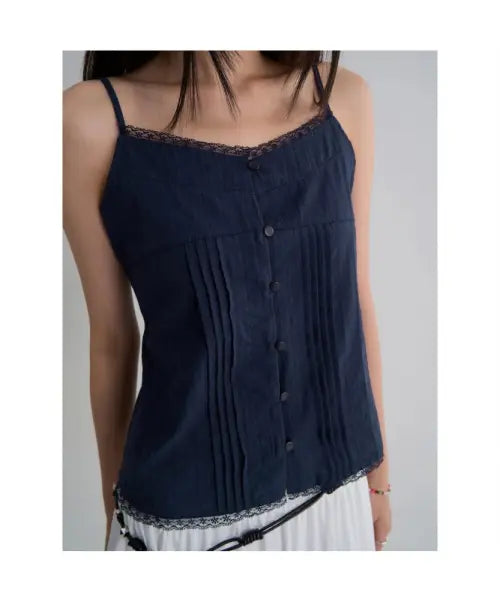 [8SECONDS] Lace Trim Sleeveless Top Navy / 레이스 배색 슬리브리스탑  네이비