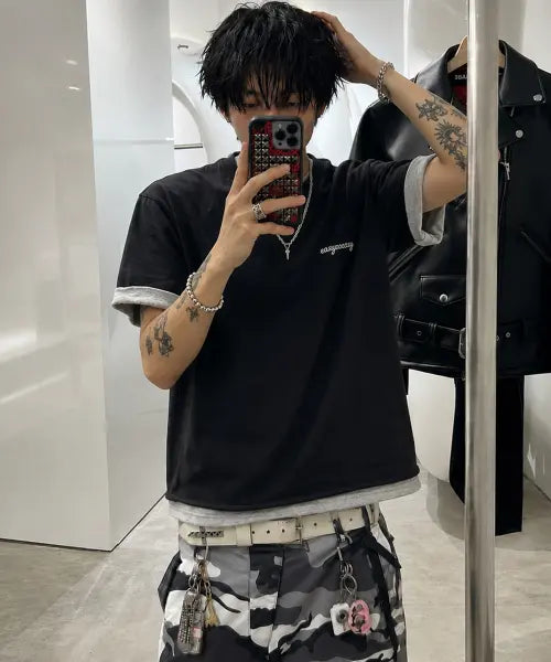 [EASY NO EASY] Layered Roll-Up Crop T-Shirt - Black / 레이어드 롤업 크롭 티셔츠 - 블랙
