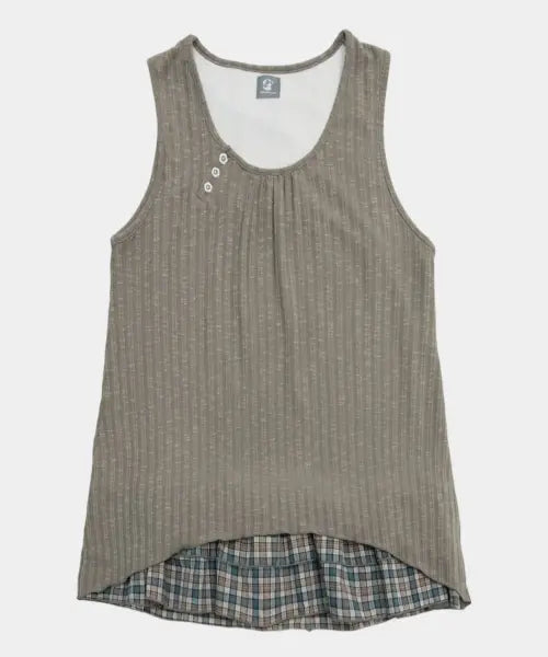 [SOME PLACE] Checkered Layered Flower Snap Shirring Mini Flare Dress [Beige] / 체크 레이어드 플라워 스냅 포인트 셔링 나시 미니 플레어 원피스 [베이지]