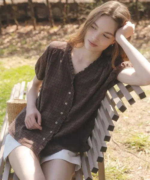 [TILL I DIE] Check frill V-neck blouse [TISU07BL06]_Brown