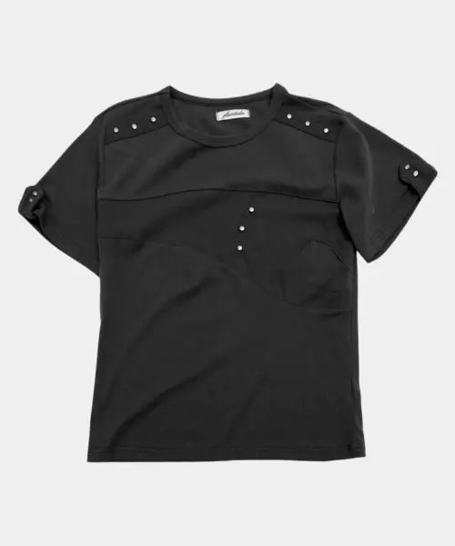 [PLACE STUDIO] Women's Stud Point Semi-Crop Short Sleeve T-Shirt [Black] / 절개 라인 우먼즈 스터드 포인트 세미크롭 반팔 티셔츠  [블랙]
