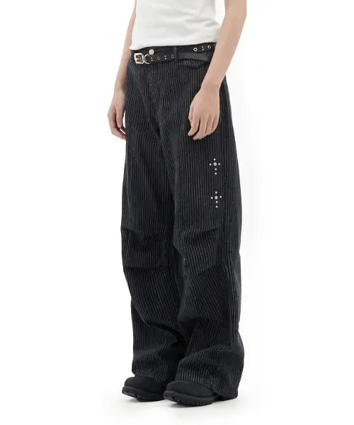 [DEFGARMENTS] STUD PARACHUTE PANTS [STRIPE BLACK DENIM]