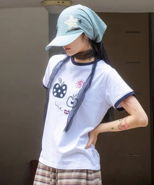 [RuNaKi'Hu'] WXT095 Mela Dot Applique Ringer T-Shirt (White) / WXT095 멜라 도트 아플리케 링거 티셔츠 (WHITE)