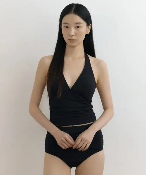 [LINGSEOUL] Halter Neck Shirring Swim Set - Black / halter neck shirring swim set-black