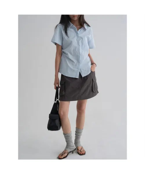 [8SECONDS] Open Collar Slim Fit Short Sleeve Shirt - Sky Blue / 오픈칼라 슬림핏 반팔 셔츠  스카이 블루