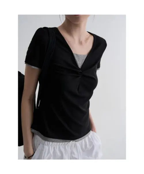 [8SECONDS] Twisted Layered Jersey Top - Black / 꼬임 레이어드 저지탑  블랙