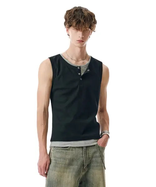[SECONDMONO] Layered Henley Sleeveless [BLACK]_SETS059BLACK