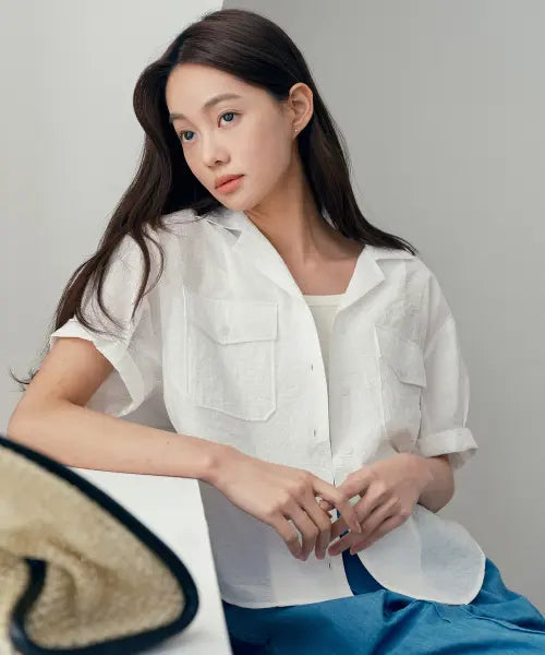 [MIND BRIDGE WOMEN] [W]Out Pocket Open Collar Short-Sleeved Shirt - 3color / [W]아웃 포켓 오픈 카라 반팔 셔츠 - 3color