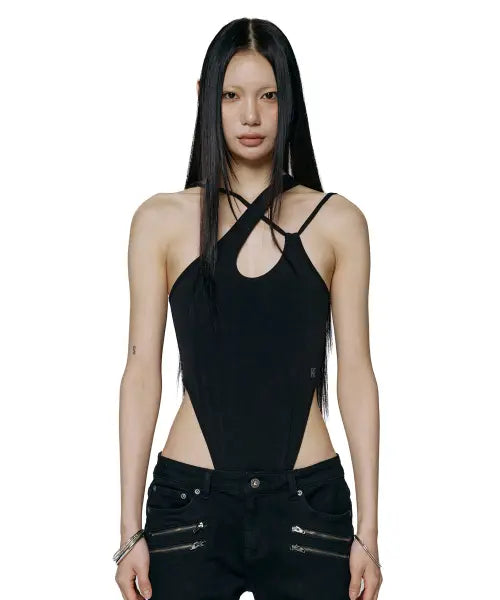 [ROCKCAKE] Cross Strap Bodysuit - Black
