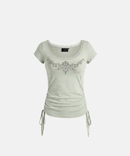 [BADBLOOD] Rhinestone Emblem Lace Deep Round 1/2 T-Shirt - Green / 라인스톤 엠블럼 레이스 딥 라운드 1/2 티셔츠 - 그린