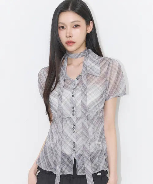 [ILLIGO] Flare Puff Blouse Check Beige / 플레어 퍼프 블라우스 체크 베이지