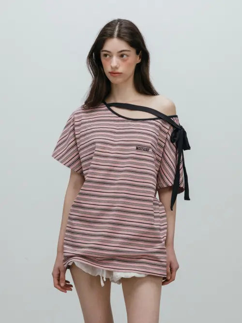 [MOIFAIRE] STRIPED RIBBON T-SHIRT / PINK