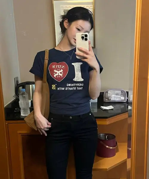 [SATUR] (W) I LOVE Slub T-Shirt Navy / (W) I LOVE 슬럽 반팔 티셔츠 네이비