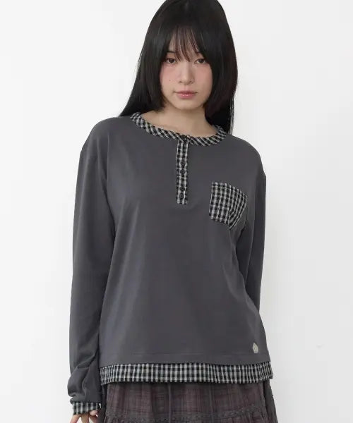 [BAUF] Check Henry Neck Long Sleeve [Charcoal] / 체크 헨리넥 롱슬리브 [차콜]
