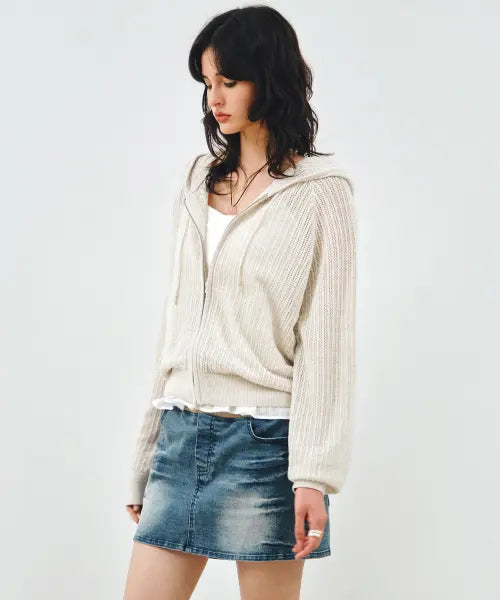[MONGDOL] Crochet Knit Hooded Zip-Up Light Beige MDCD040LBEIGE / 크로쉐 니트 후드 집업 라이트베이지 MDCD040LBEIGE