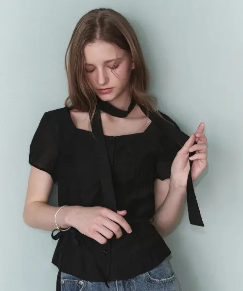 [LEATHERY] Double Tie Half Blouse [BLACK] / 더블 타이 하프 블라우스 [BLACK]