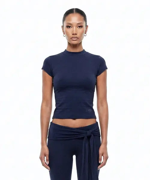 [BADBLOOD] Everyday Mock-Neck Short Sleeve T-Shirt - Navy