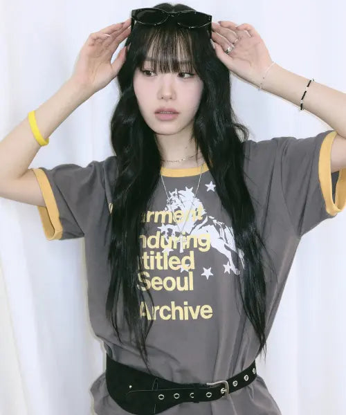 [UNTITLED SEOUL] ARCHIVE UNICORN RINGER SHORT SLEEVE CHARCOAL / 아카이브 유니콘 링거 크롭 반팔 차콜