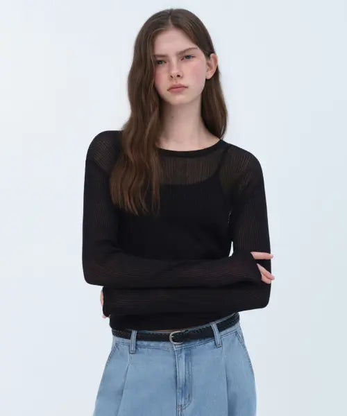 [MUSINSA STANDARD WOMAN] Women's Linen Blend Ribbed Sheer Knit [Black] / 우먼즈 린넨 블렌드 리브드 시어 니트 [블랙]