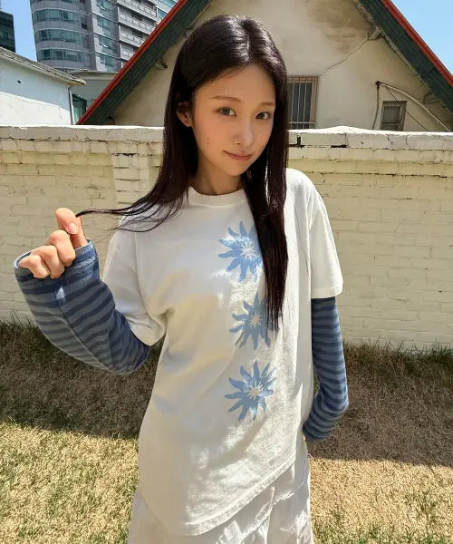 [TRAVEL] TRIPLE FLOWERS PIGMENT OVER FIT TEE CREAM / 트리플 플라워 피그먼트 반팔티 크림