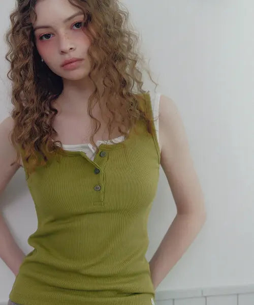 [TWEE] Perkin Ribbed Button Sleeveless Top / 펄킨 골지 버튼 슬리브리스