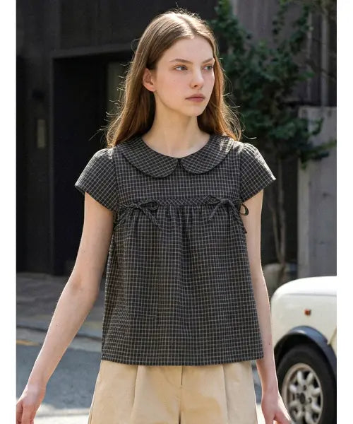[FOREVER21] Lovely Check Flare Short Sleeve Blouse / 러블리 체크 플레어 반팔 블라우스 (FTDBBL050)