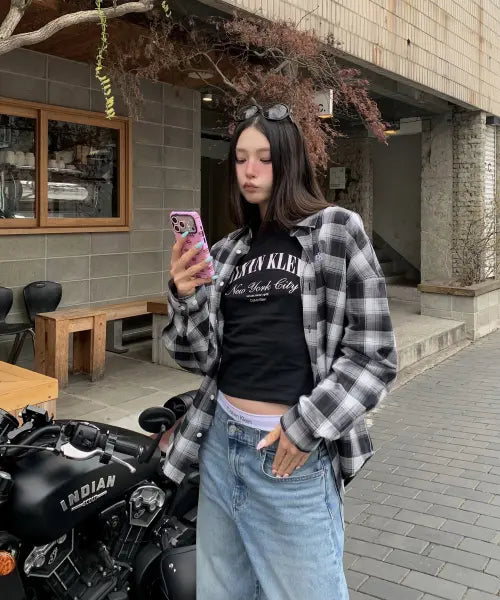 [CALVIN KLEIN JEANS] In The City Long Sleeve Plaid Relaxed Shirt Black 4RF186G UB1 / 인더시티 긴팔 플레이드 릴렉스 셔츠 블랙 4RF186G UB1