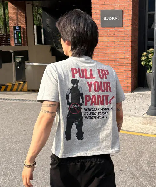 [SCALLYWAG] Ryujunglan × Skelly Weck Pull Up Cropped T-Shirt [Grey] / [류정란 × 스켈리웩] PULL UP 크롭 티셔츠[그레이]