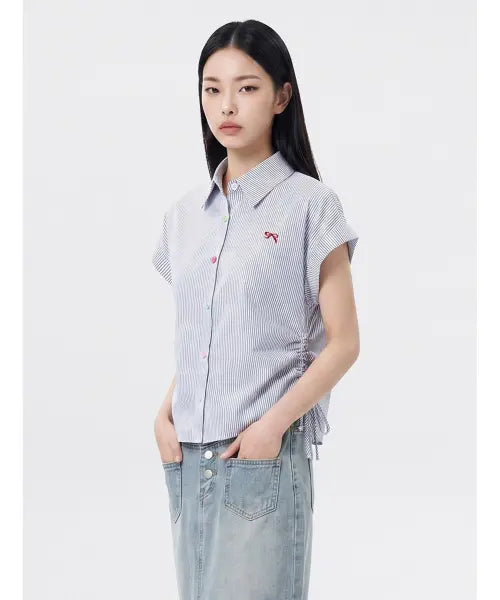 [FOREVER21] Button Ribbon Embroidery Short Sleeve Blouse (FTDBBL014) / 컬러 버튼 리본 자수 스트링 반팔 블라우스 (FTDBBL014)