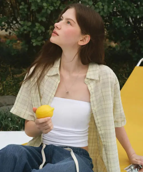 [MUSINSA STANDARD WOMAN] Women's Oversized Crinkle Check Short Sleeve Shirt [Lemon] / 우먼즈 오버사이즈 크링클 체크 반소매 셔츠 [레몬]