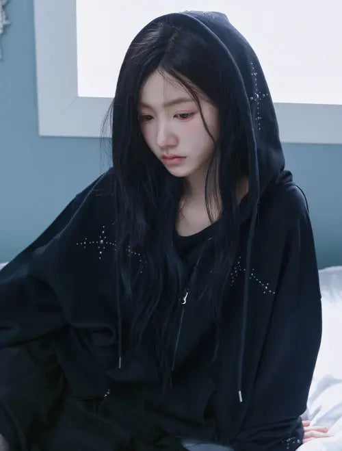 [LOOXP] Cross Stone Oversized Hooded Zip-Up Black / 크로스 스톤 오버핏 후드집업 블랙