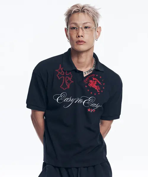 [EASY NO EASY] Horse Emblem Embroidered Collar T-shirt - Black / 홀스 엠블럼 자수 카라 티셔츠 - 블랙