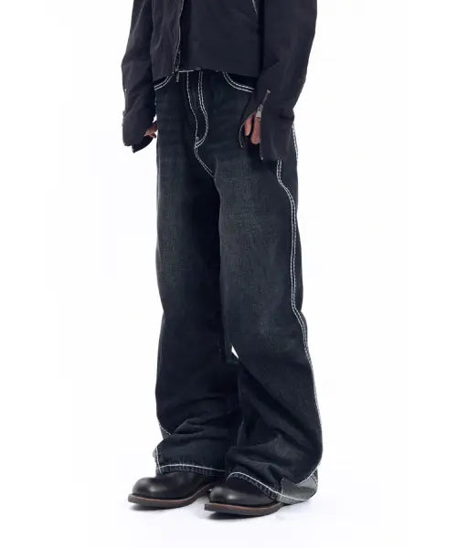 [AAKAM] Stitched Flare Denim Pants (Black)