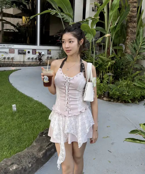 [DRYROSE] BELT CORSET OPS (PINK) / 벨트 코르셋 원피스 (핑크)