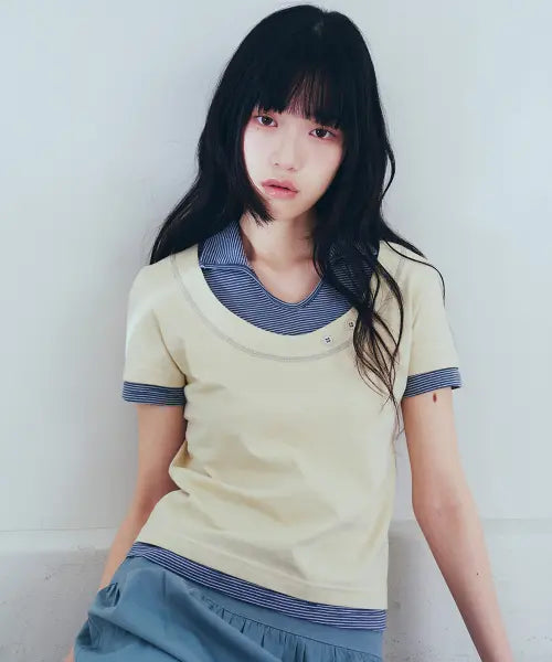 [OAFISH] Stripe Layered Collar T-Shirts, Yellow