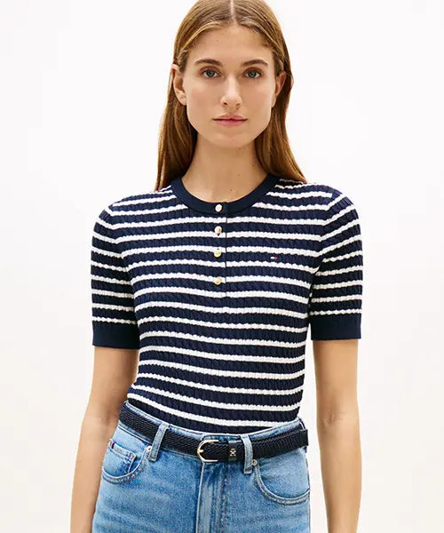 [TOMMY HILFIGER] Cotton Cable Henly Neck Sweater / 코튼 케이블 헨리넥 스웨터 (T22G1KTO063WT10A5)