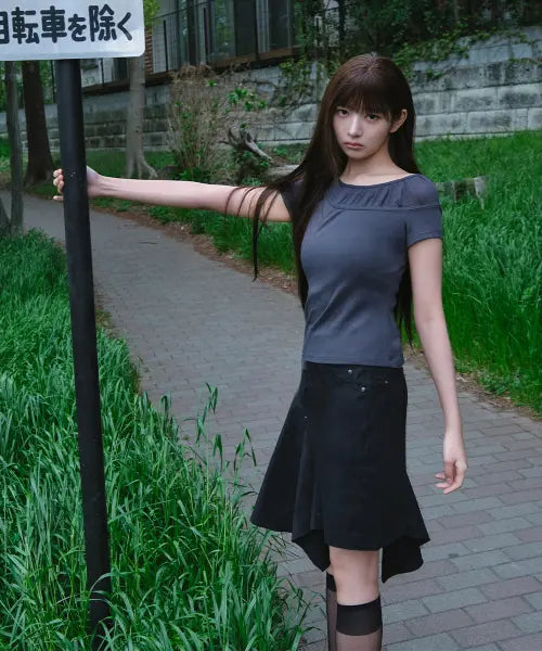 [MISEKI SEOUL] One side draped midi skirt BLACK