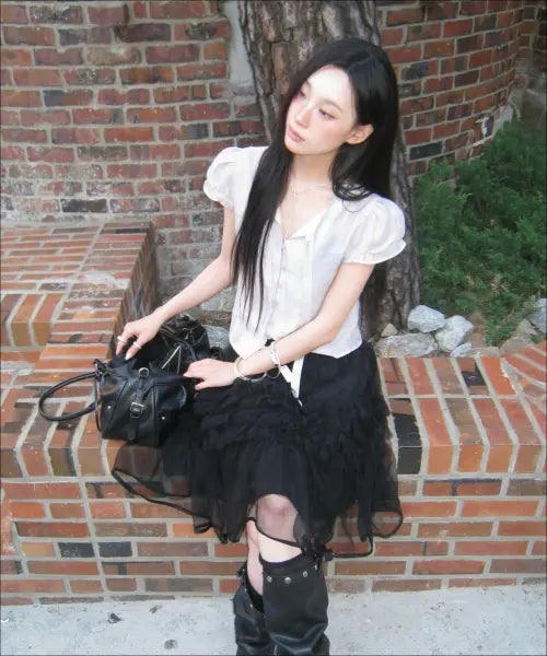 [MIXXO] Glossy Tie-Neck Blouse