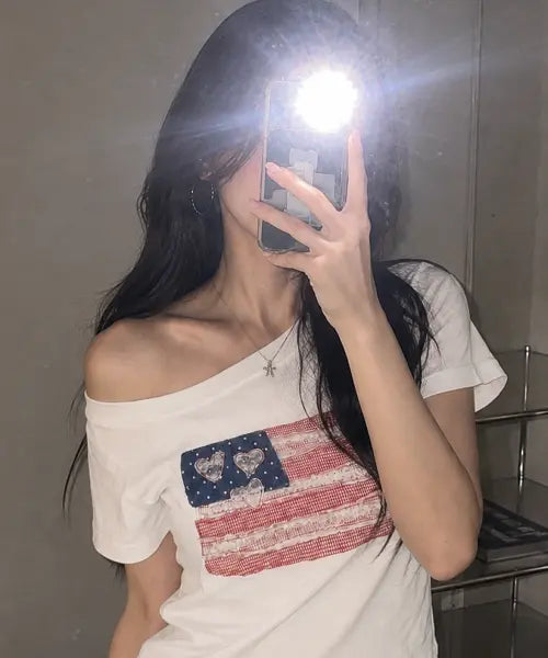 [ROGIN N ROSIE] USA banner lace one shoulder T-shirt White