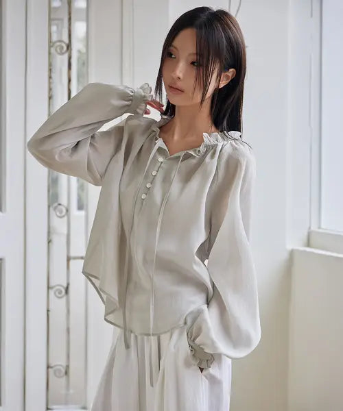 [LONDONDADA] Ruffled Tie Blouse, SAND BEIGE
