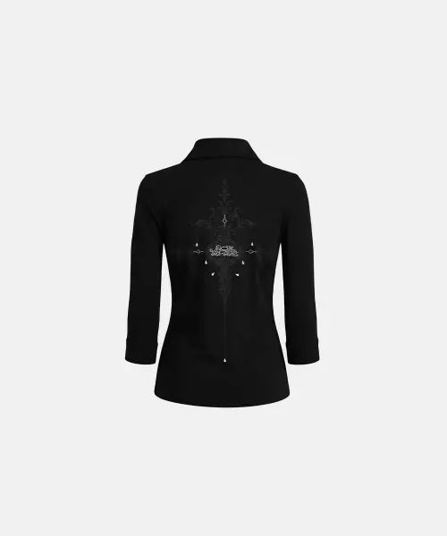 [BADBLOOD] Rhinestone Ornament 3/4 Sleeve Polo - Black / 라인스톤 오너먼트 7부 폴로 - 블랙