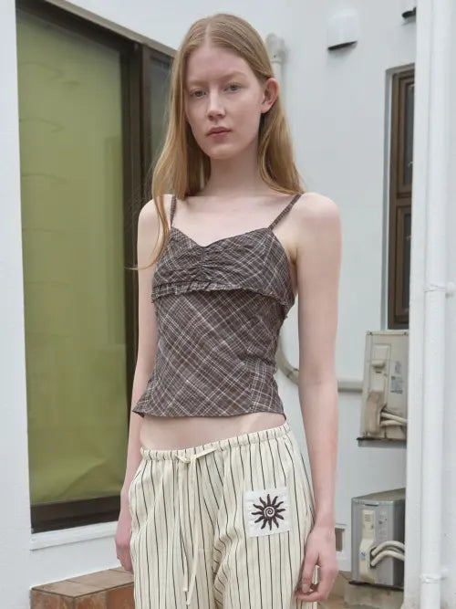[KIJUN] Sheer Check Camisole Brown