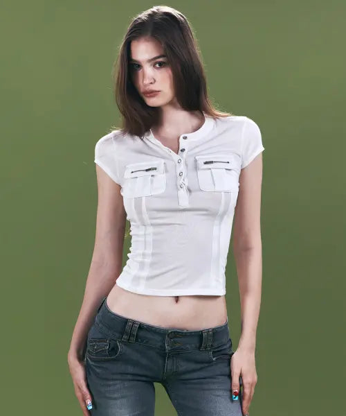 [PLEASENOFOLLOW] Pansy Pocket Button Short Sleeve Top (White)