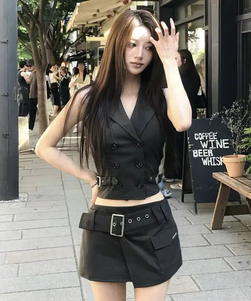 [ROCKCAKE] Wide Belt Wrap Skirt - Charcoal