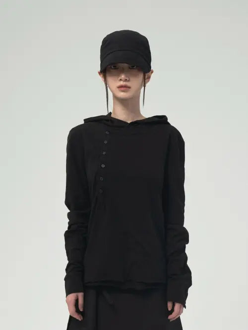 [DSMT] (W) AXIS LAYER BUTTON HOODIE_BLACK