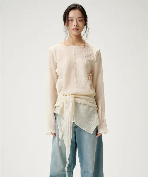 [LYNTE] Waist Wrinkle Drape Blouse Ivory / 링클웨이스트 블라우스 아이보리