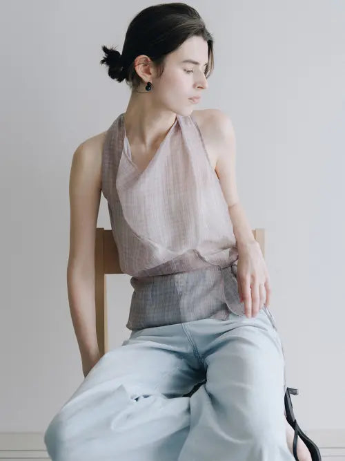 [LOEUVRE] Check Sheer Draped Halter Top SW6MB752-98