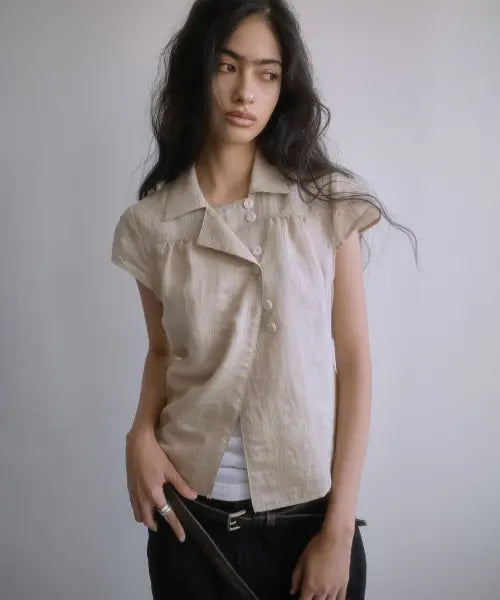 [PORTERNA] WRAP BUTTON CAP SLEEVE BLOUSE-BEIGE